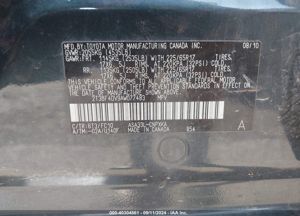 2010 TOYOTA RAV4 VIN: 2T3BF4DV9AW077483