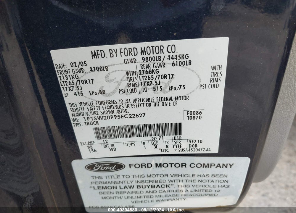 2005 FORD F-250 LARIAT/XL/XLT VIN: 1FTSW20P95EC22627