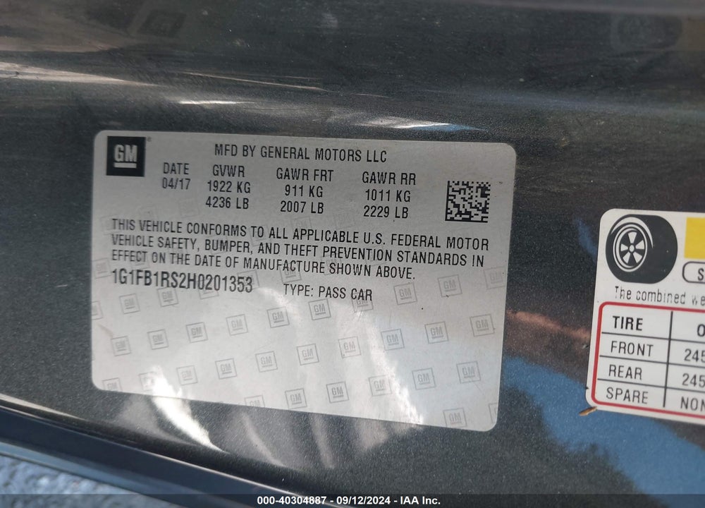 2017 CHEVROLET CAMARO 1LT VIN: 1G1FB1RS2H0201353