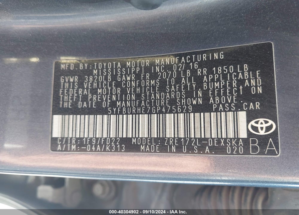 2016 TOYOTA COROLLA S PLUS VIN: 5YFBURHE7GP475629