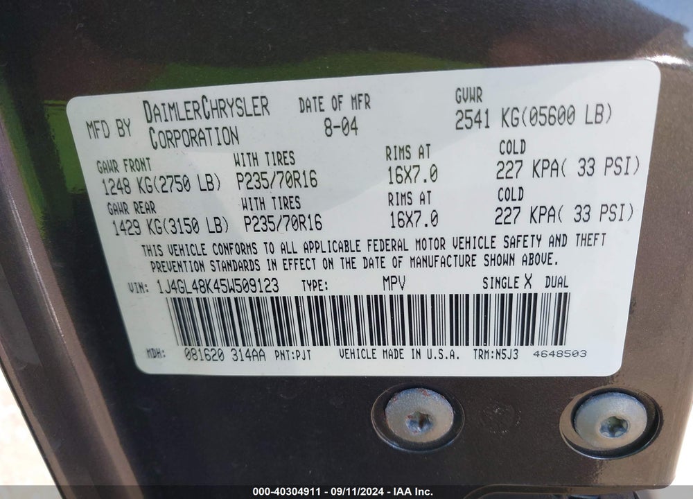 2005 JEEP LIBERTY SPORT VIN: 1J4GL48K45W509123