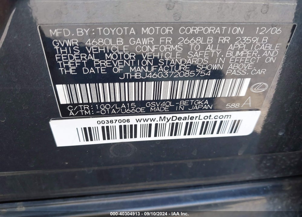 2007 LEXUS ES 350 VIN: JTHBJ46G372085754