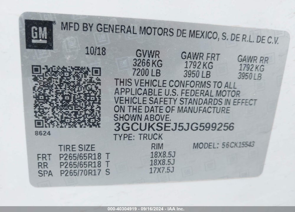 2018 CHEVROLET SILVERADO 1500 1LZ VIN: 3GCUKSEJ5JG599256