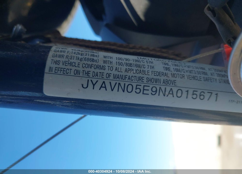 2022 YAMAHA XVS950 CUD VIN: JYAVN05E9NA015671
