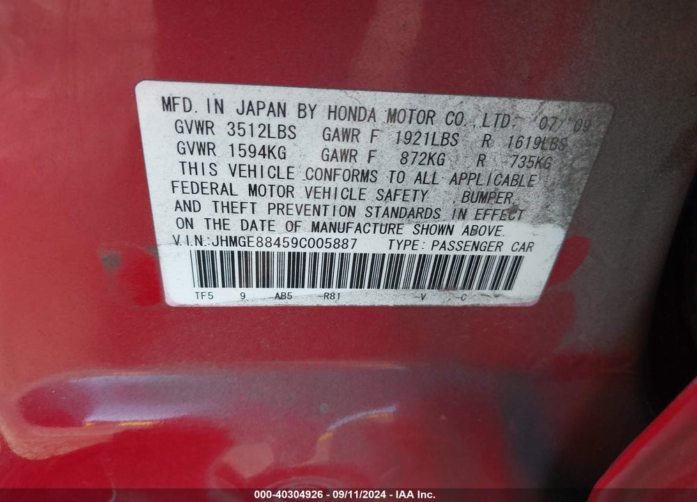 2009 HONDA FIT SPORT VIN: JHMGE88459C005887
