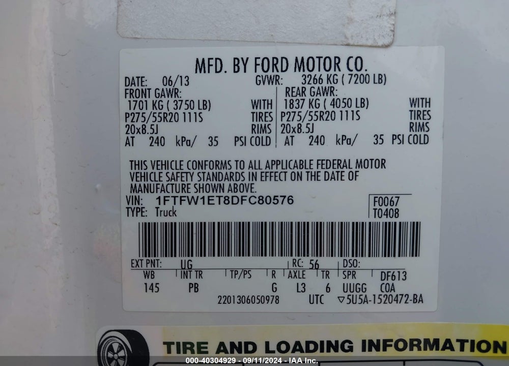 2013 FORD F-150 PLATINUM VIN: 1FTFW1ET8DFC80576