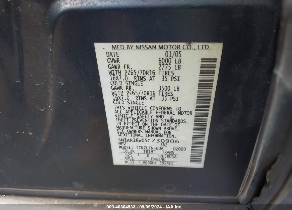 2005 NISSAN PATHFINDER SE VIN: 5N1AR18W05C730906