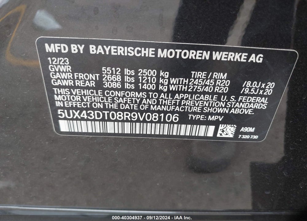 2024 BMW X4 M40I VIN: 5UX43DT08R9V08106