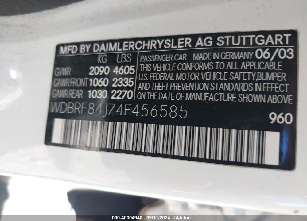 2004 MERCEDES-BENZ C 320 4MATIC VIN: WDBRF84J74F456585