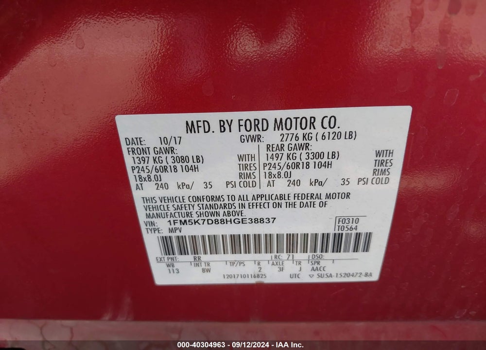 2017 FORD EXPLORER XLT VIN: 1FM5K7D88HGE38837