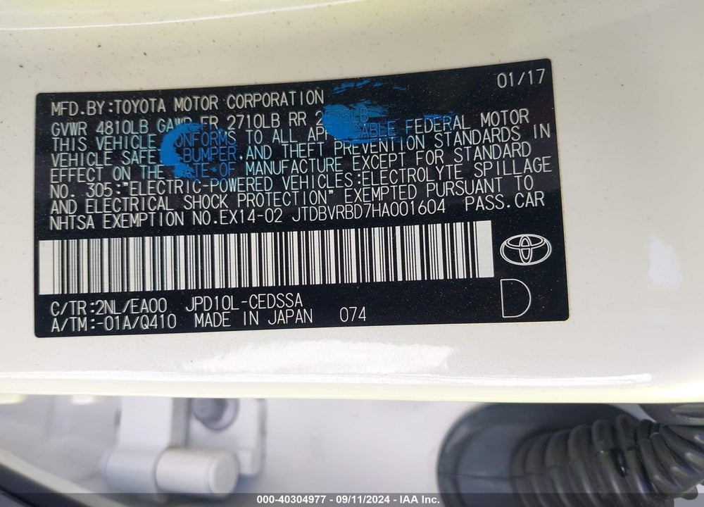 2017 TOYOTA MIRAI VIN: JTDBVRBD7HA001604