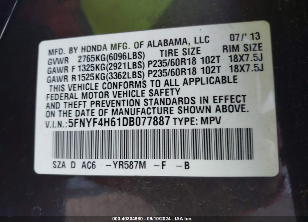 2013 HONDA PILOT EX-L VIN: 5FNYF4H61DB077887