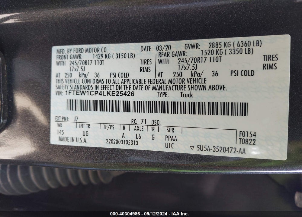 2020 FORD F-150 XLT VIN: 1FTEW1CP4LKE25426