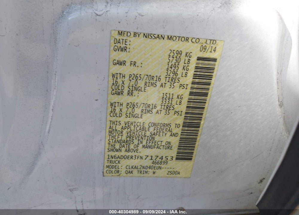 2015 NISSAN FRONTIER DESERT RUNNER/S/SL/SV VIN: 1N6AD0ER3FN717453