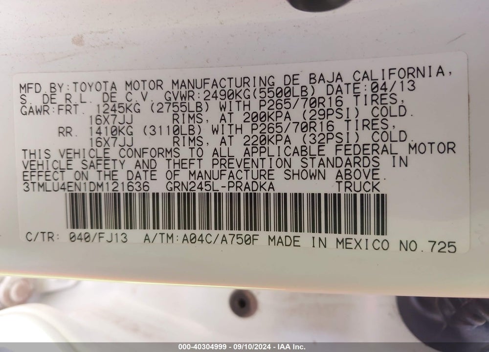 2013 TOYOTA TACOMA BASE V6 VIN: 3TMLU4EN1DM121636