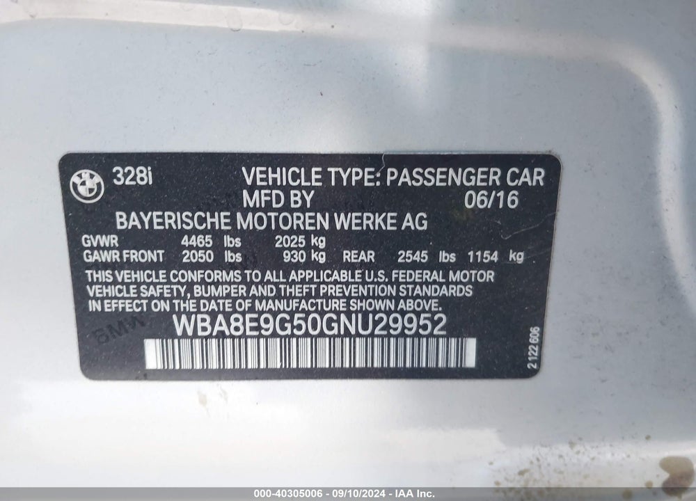 2016 BMW 328I VIN: WBA8E9G50GNU29952