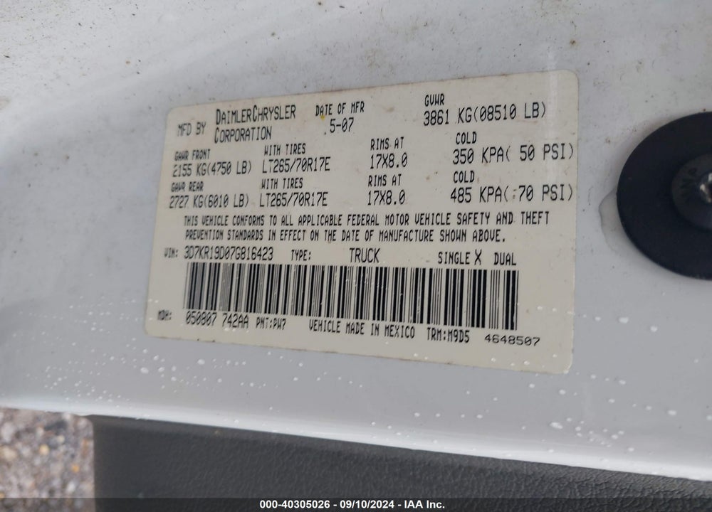 2007 DODGE RAM 1500 SLT VIN: 3D7KR19D07G816423
