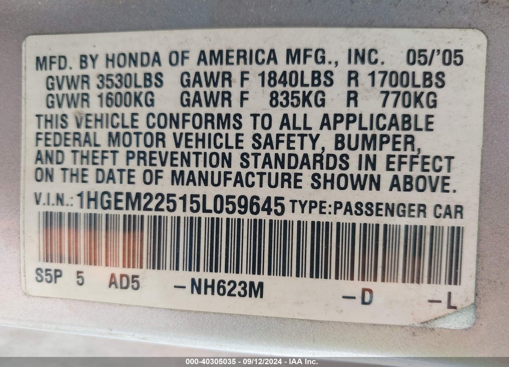 2005 HONDA CIVIC LX VIN: 1HGEM22515L059645