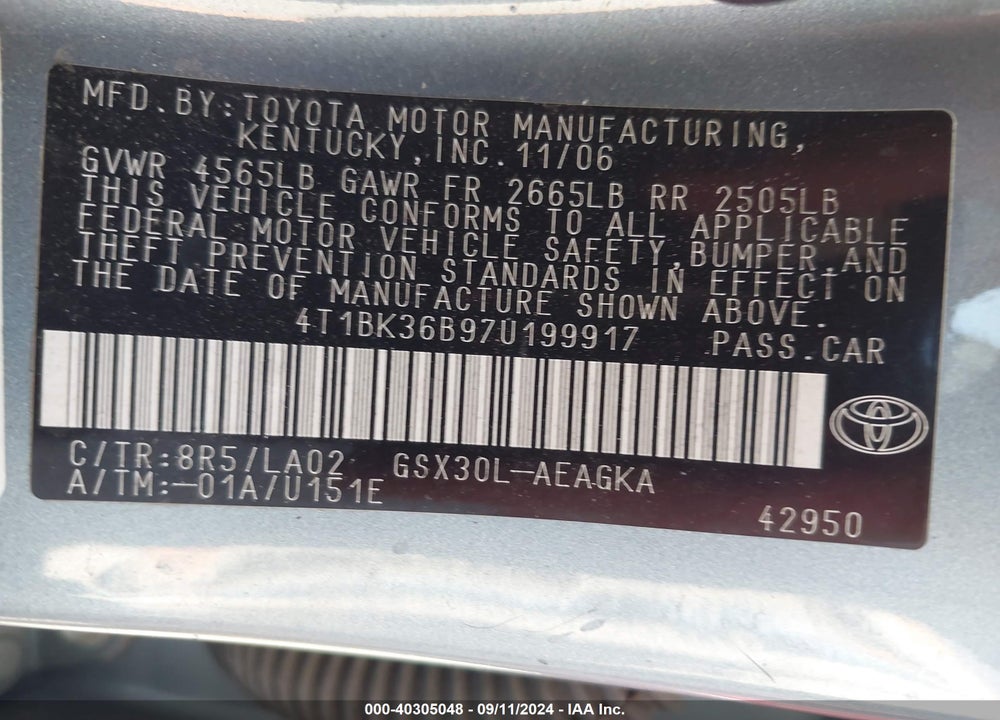 2007 TOYOTA AVALON XLS VIN: 4T1BK36B97U199917