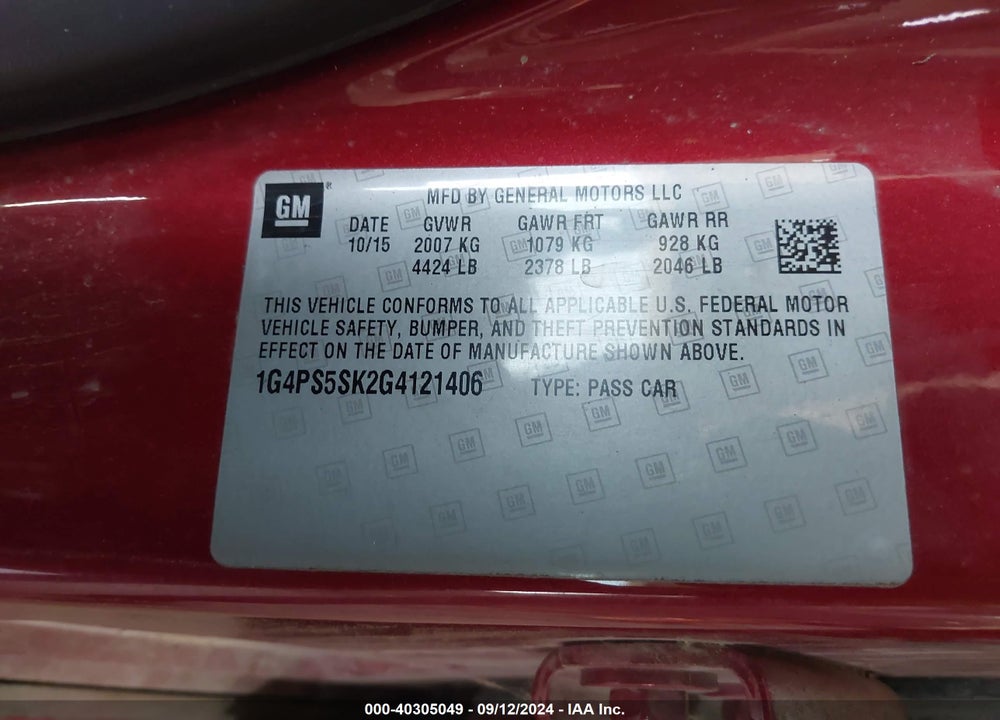 2016 BUICK VERANO LEATHER GROUP VIN: 1G4PS5SK2G4121406