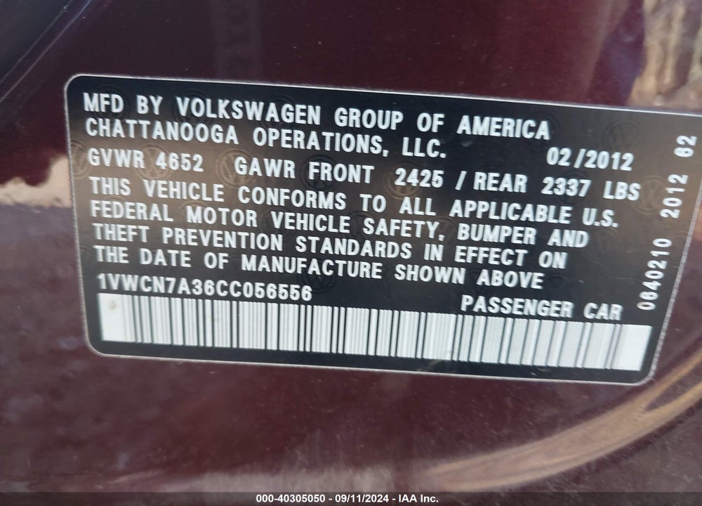 2012 VOLKSWAGEN PASSAT 2.0L TDI SEL PREMIUM VIN: 1VWCN7A36CC056556