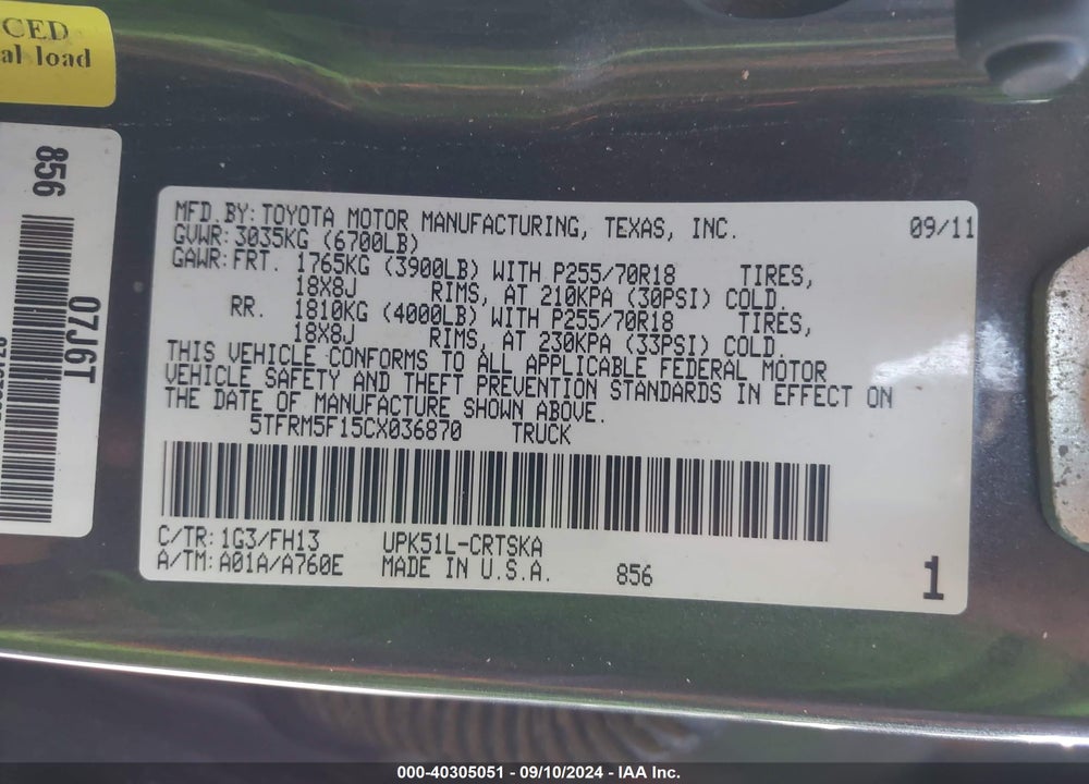 2012 TOYOTA TUNDRA GRADE 4.6L V8 VIN: 5TFRM5F15CX036870