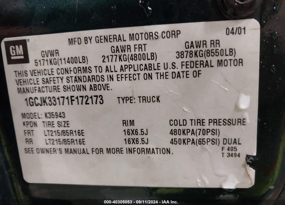 2001 CHEVROLET SILVERADO 3500 LT VIN: 1GCJK33171F172173