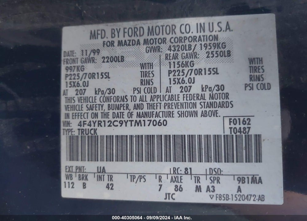 2000 MAZDA B2500 SE/SX VIN: 4F4YR12C9YTM17060