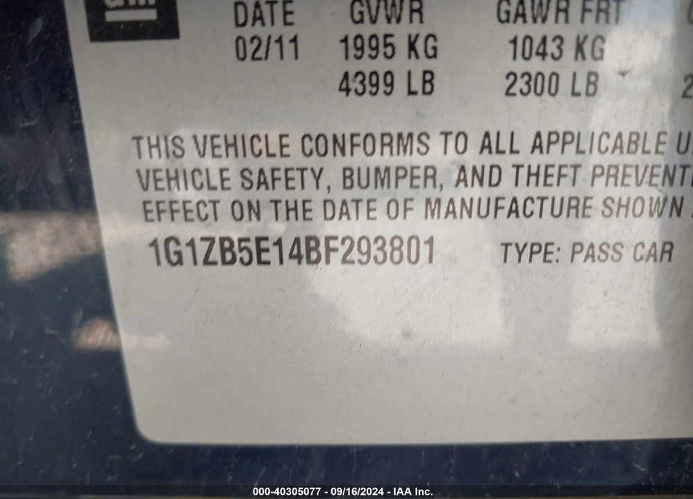 2011 CHEVROLET MALIBU LS VIN: 1G1ZB5E14BF293801