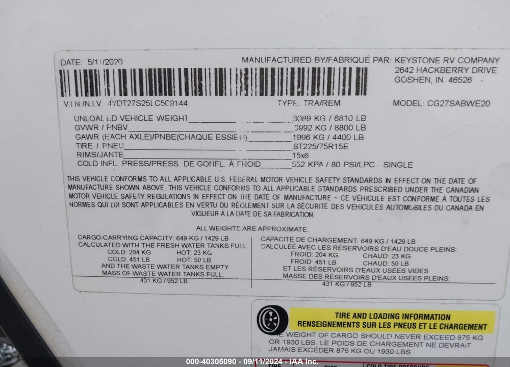 2020 KEYSTONE OTHER VIN: 4YDT27S25LC509144
