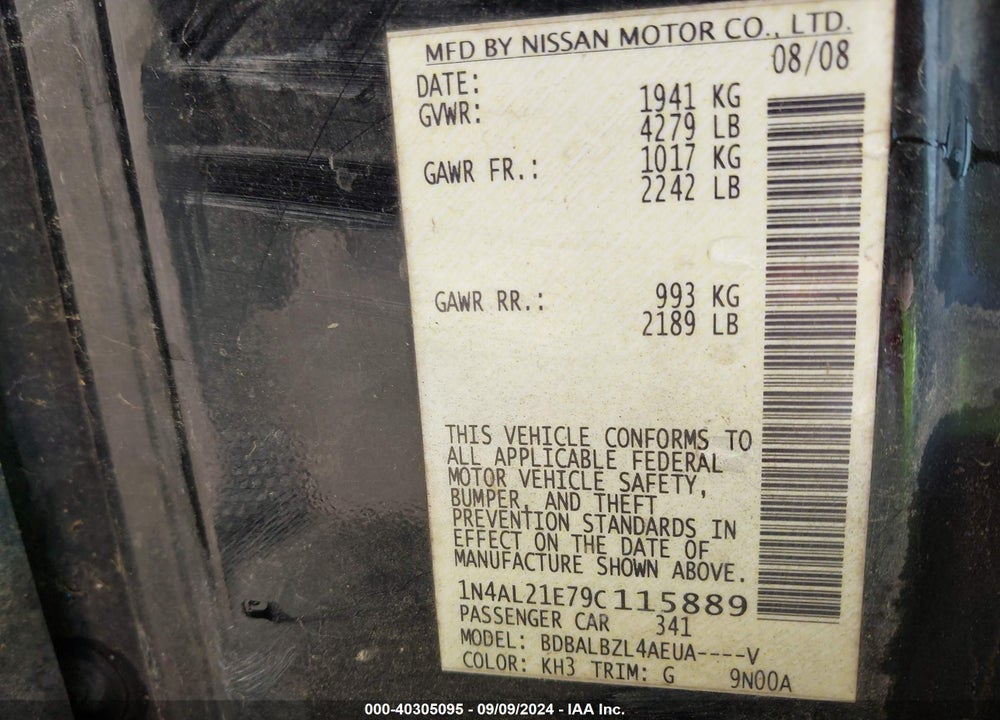 2009 NISSAN ALTIMA 2.5 S VIN: 1N4AL21E79C115889