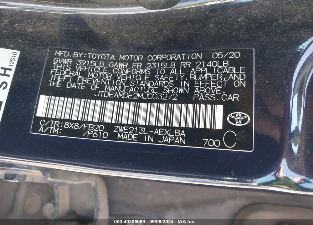 2021 TOYOTA COROLLA HYBRID LE VIN: JTDEAMDE2MJ003272