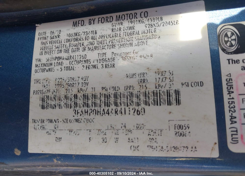 2010 FORD FUSION SE VIN: 3FAHP0HA4AR411260