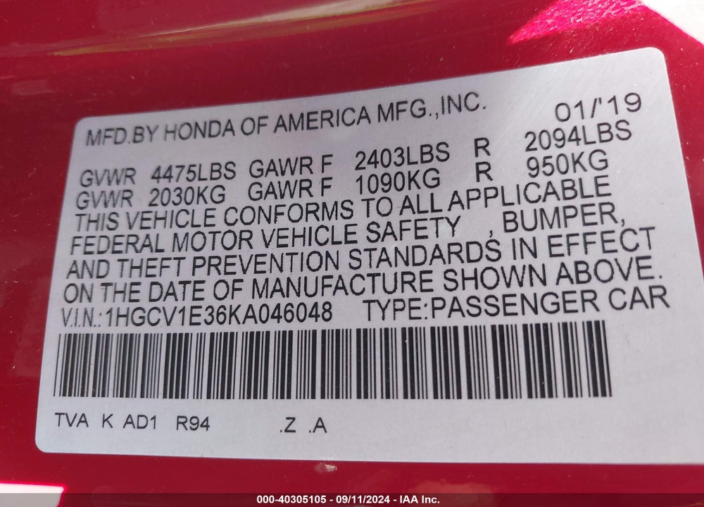 2019 HONDA ACCORD SPORT VIN: 1HGCV1E36KA046048