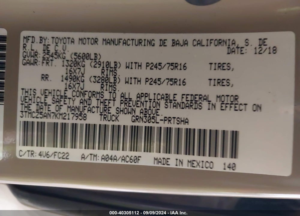 2019 TOYOTA TACOMA SR5 V6 VIN: 3TMCZ5AN7KM217958