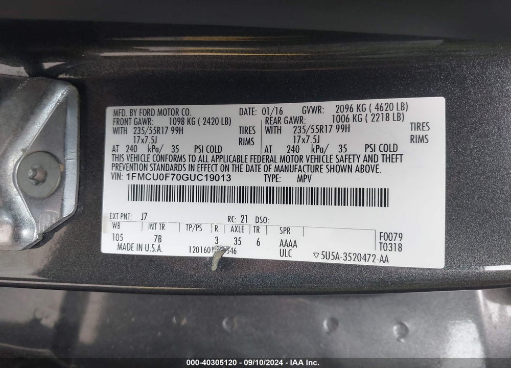 2016 FORD ESCAPE S VIN: 1FMCU0F70GUC19013