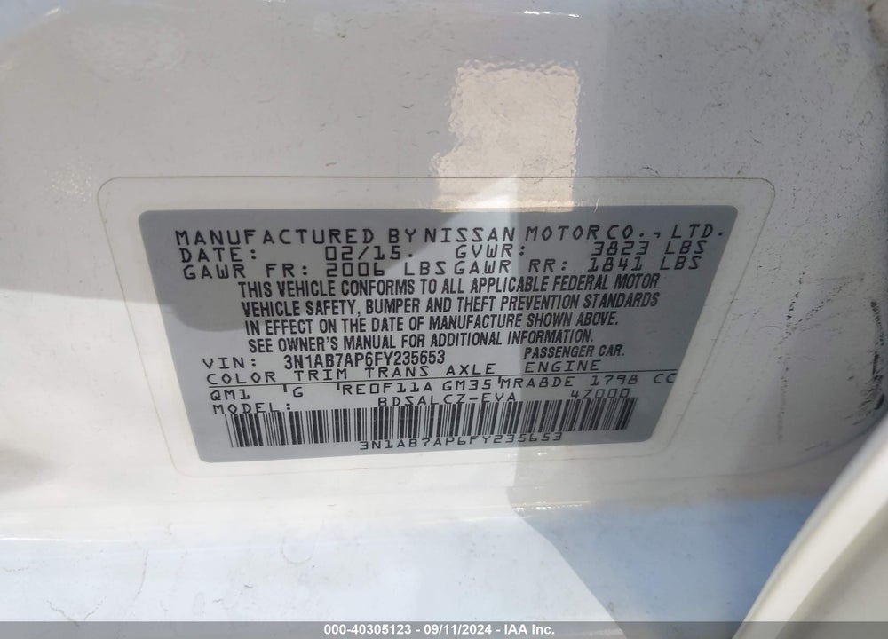 2015 NISSAN SENTRA S VIN: 3N1AB7AP6FY235653