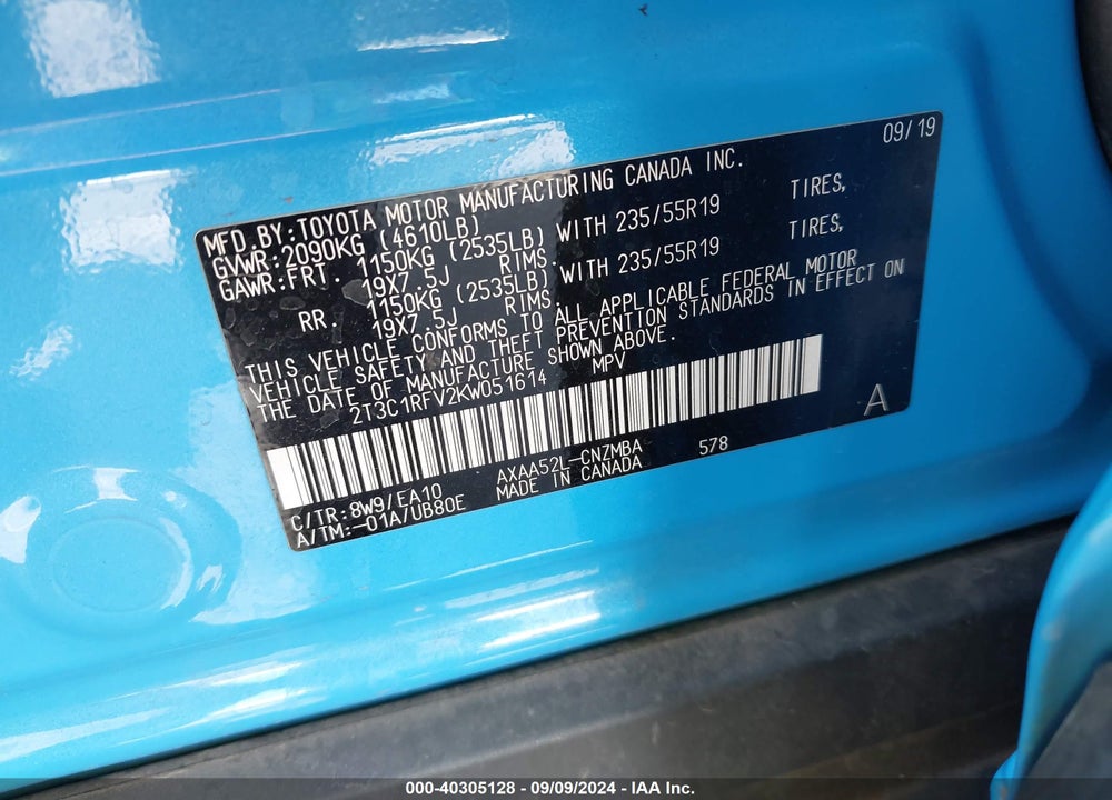 2019 TOYOTA RAV4 XLE PREMIUM VIN: 2T3C1RFV2KW051614