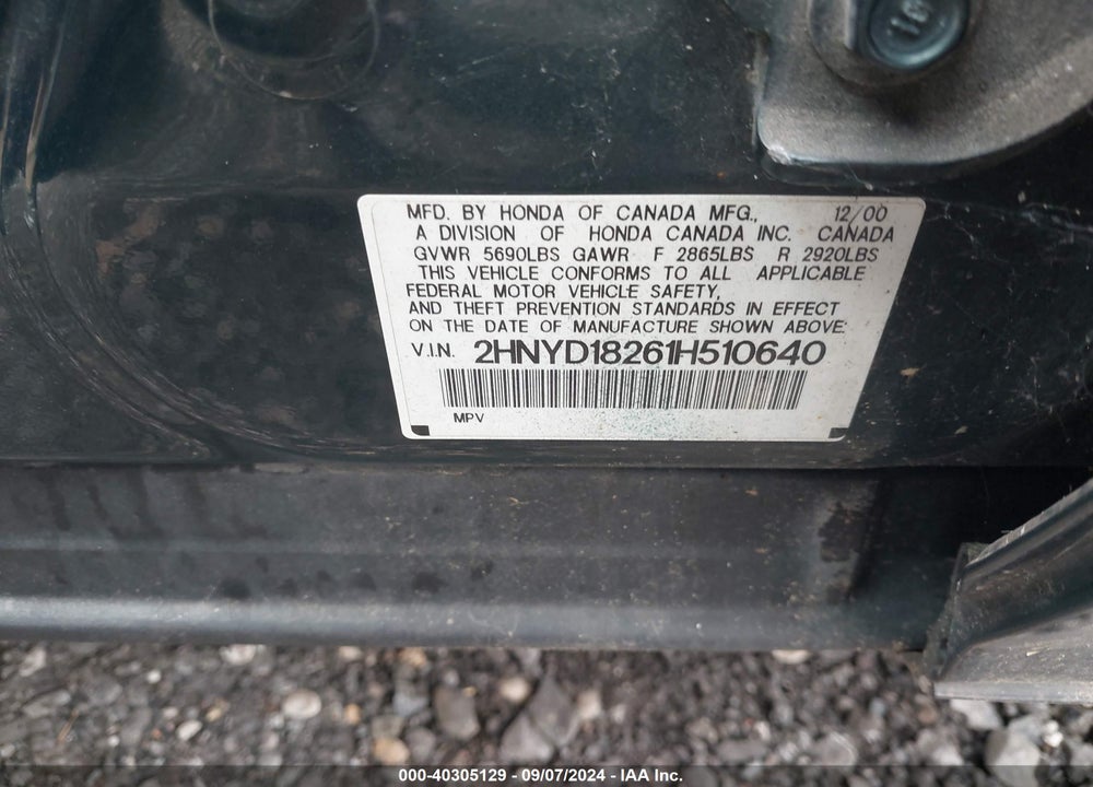 2001 ACURA MDX VIN: 2HNYD18261H510640