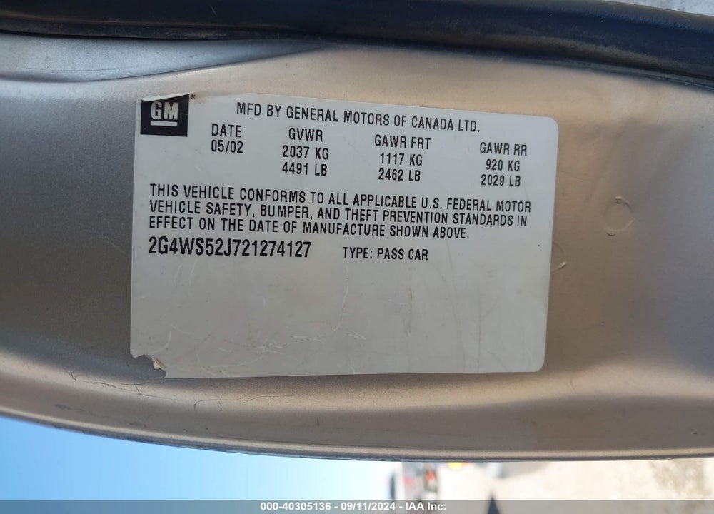 2002 BUICK CENTURY VIN: 2G4WS52J721274127