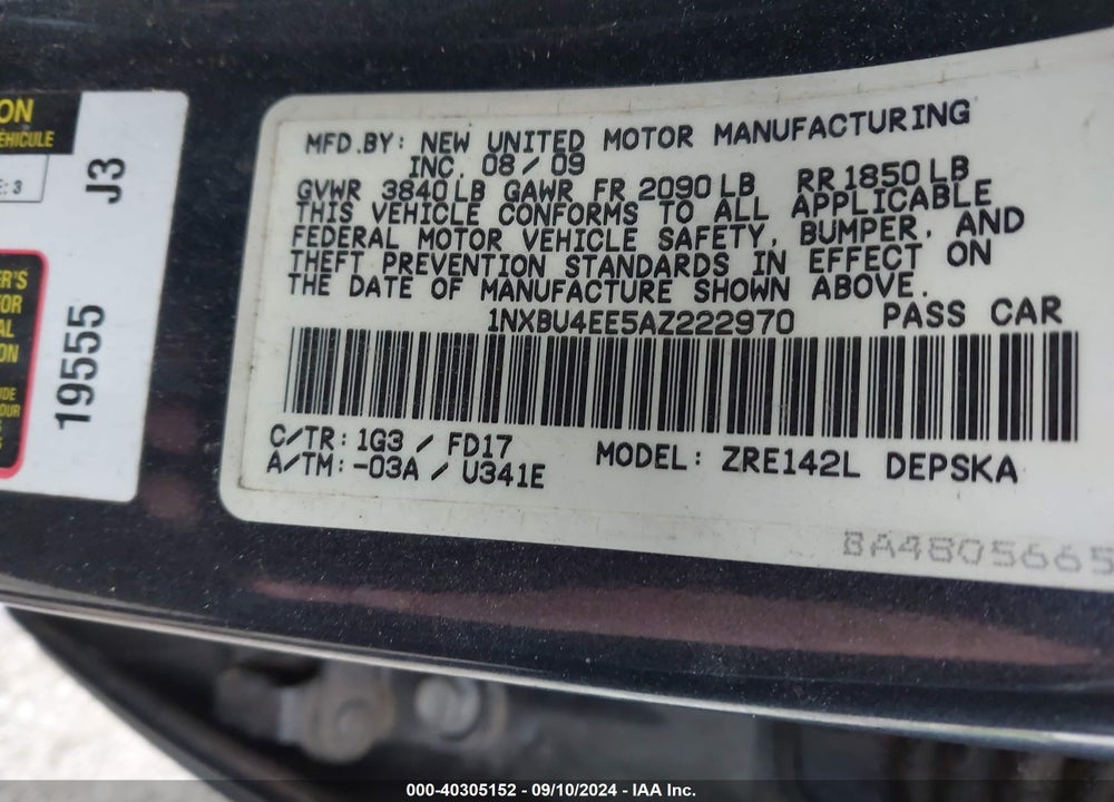 2010 TOYOTA COROLLA S VIN: 1NXBU4EE5AZ222970