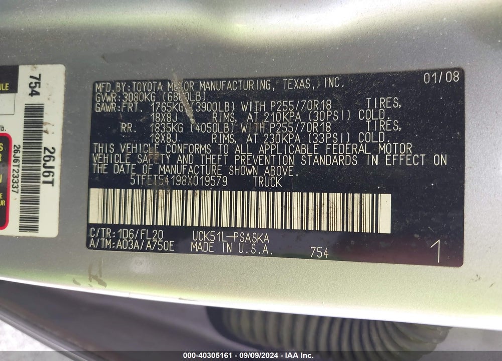 2008 TOYOTA TUNDRA BASE 4.7L V8 VIN: 5TFET54198X019579