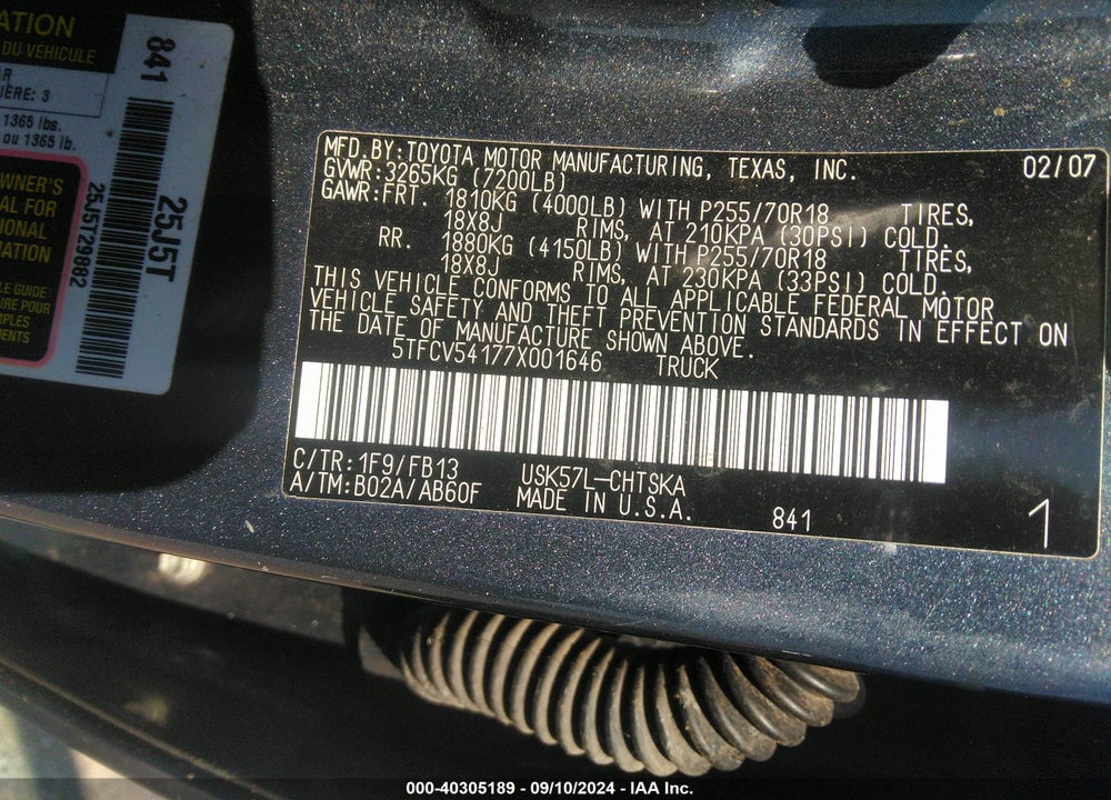 2007 TOYOTA TUNDRA SR5 5.7L V8 VIN: 5TFCV54177X001646