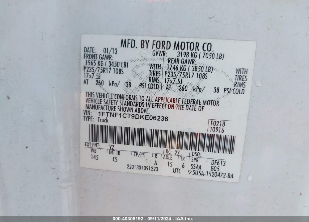 2013 FORD F-150 XL VIN: 1FTNF1CT9DKE06238
