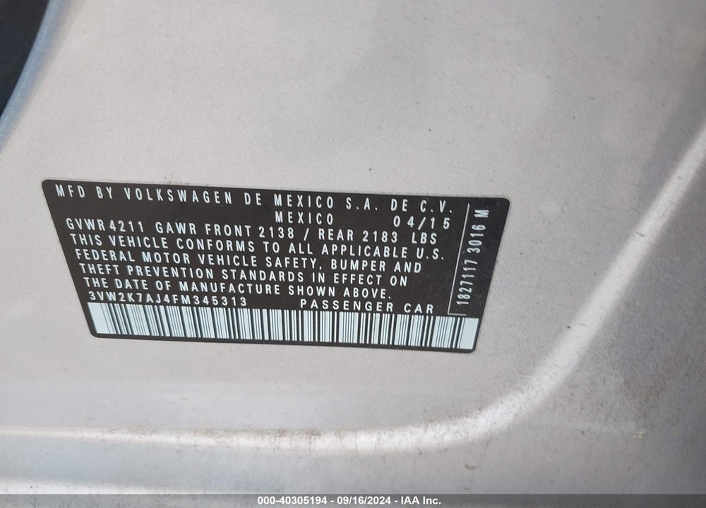 2015 VOLKSWAGEN JETTA 2.0L S VIN: 3VW2K7AJ4FM345313