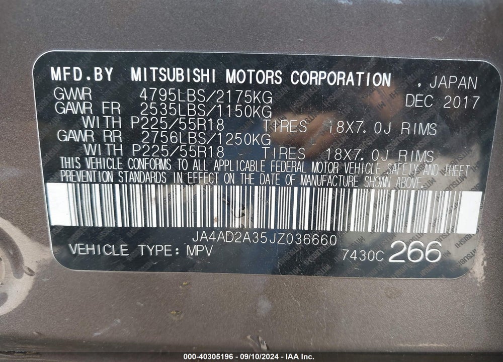 2018 MITSUBISHI OUTLANDER ES VIN: JA4AD2A35JZ036660