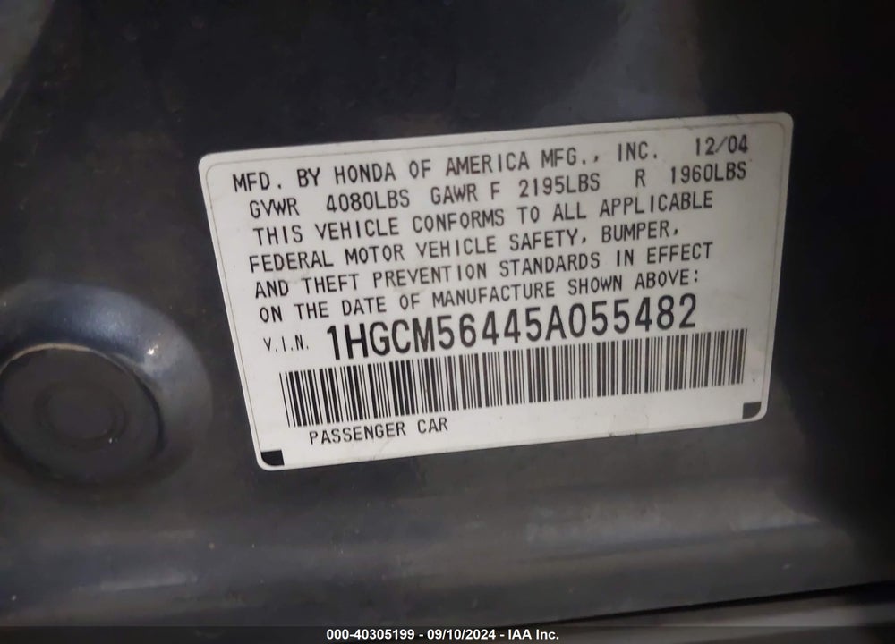 2005 HONDA ACCORD 2.4 LX VIN: 1HGCM56445A055482