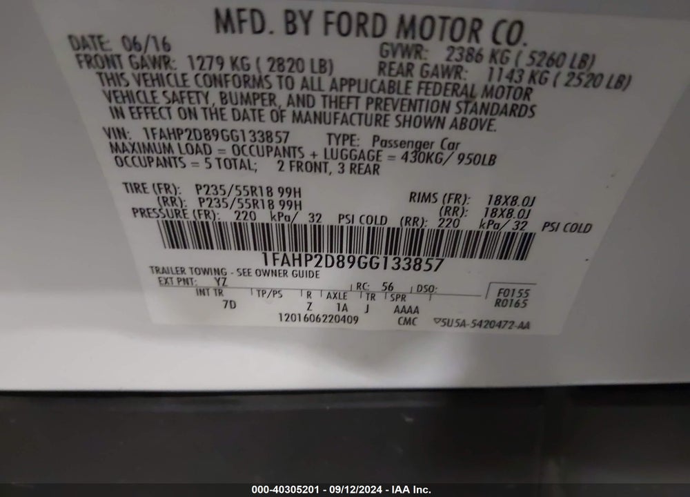 2016 FORD TAURUS SE VIN: 1FAHP2D89GG133857
