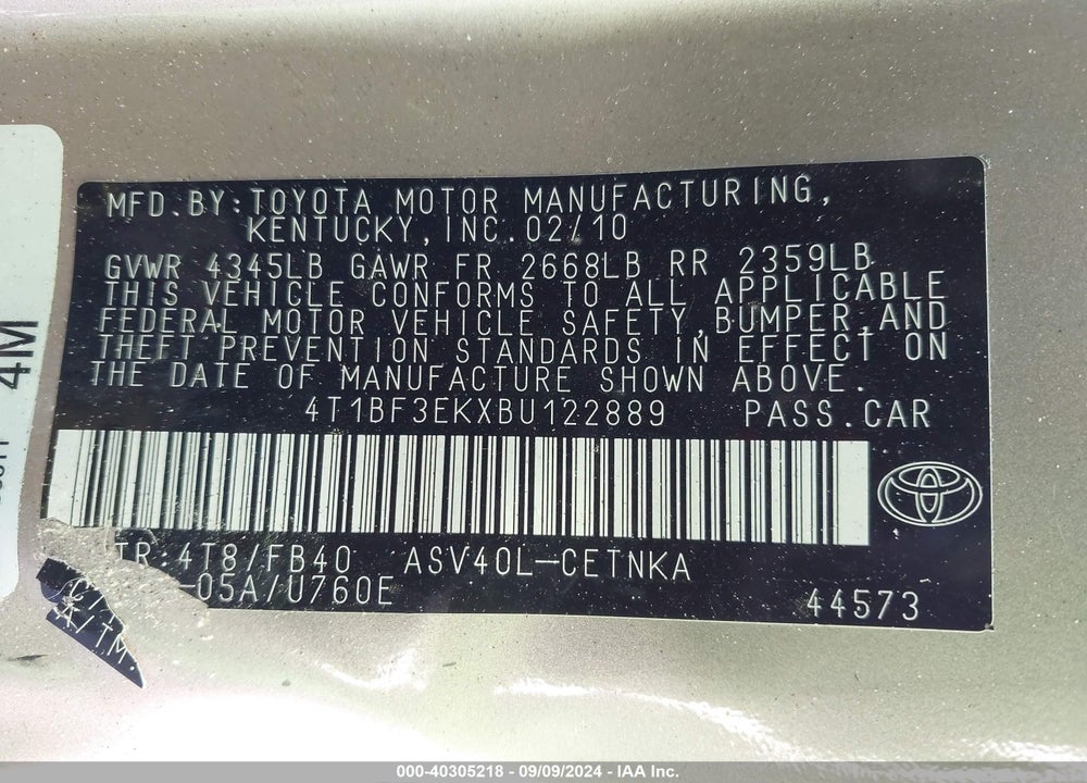 2011 TOYOTA CAMRY LE VIN: 4T1BF3EKXBU122889