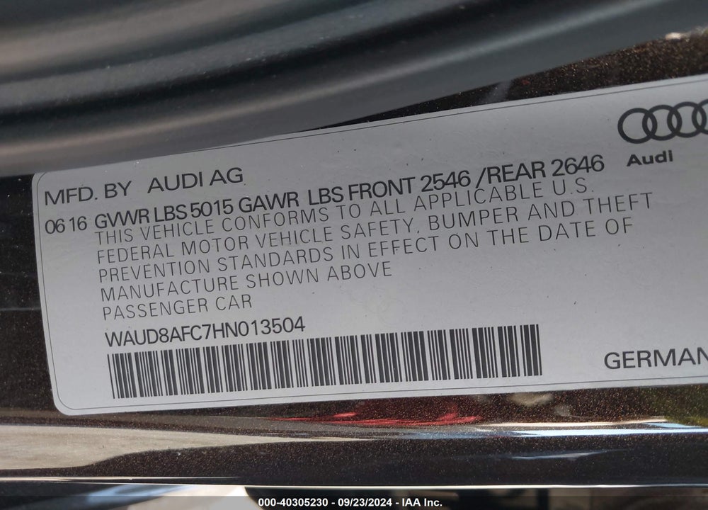 2017 AUDI A6 2.0T PREMIUM VIN: WAUD8AFC7HN013504